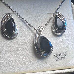 Macy’s Sterling Silver Teardrop Onyx Necklace/ Earring Set